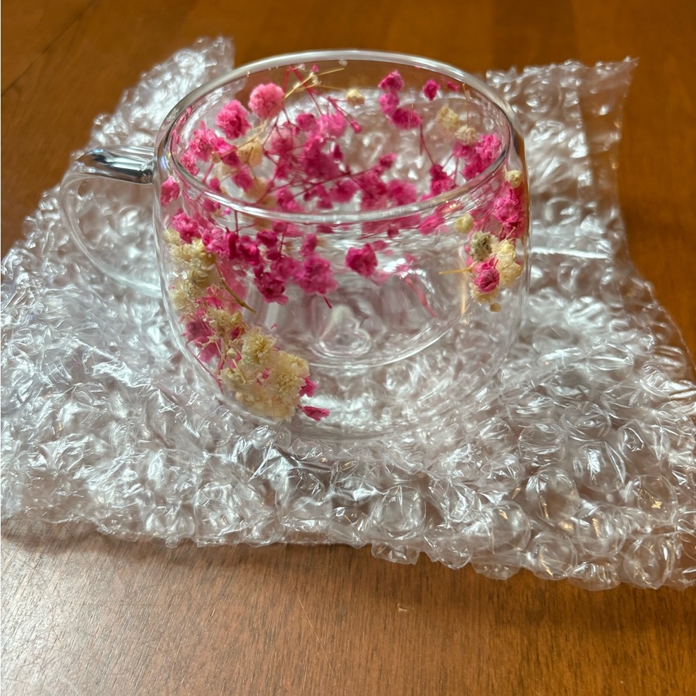 Floral Glass Mug with Pink and Cream Accents